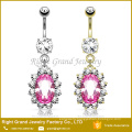 Surgical Steel Pink Oval Cubic Zirconia Gem Trim Dangle Navel Belly Ring